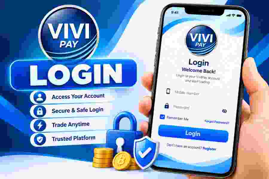 ViviPay Welcome Back login screen with mobile number or email, password, Login button and Forgot Password link