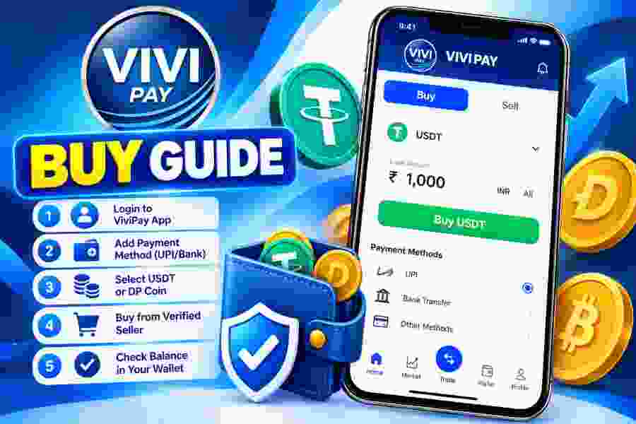 ViviPay step-by-step buy guide showing Deposit page, DP Coin and USDT selection, recharge amount, TRC20 or BSC BEP20 network and payment success